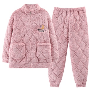 浪莎睡衣女款冬季珊瑚绒加绒三层夹棉超厚拉链款可外穿家居服套装