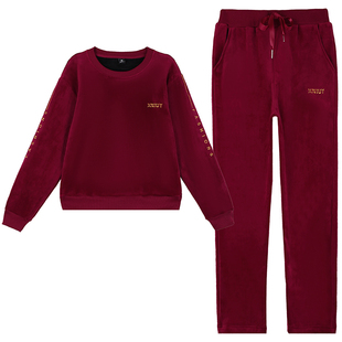 啄木鸟运动装套装女秋冬季新款金丝绒加绒保暖两件套中年妈妈秋装