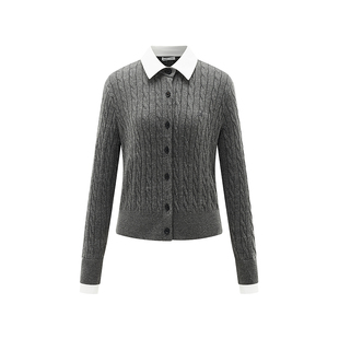 A21女装复古翻领休闲简约开衫上衣2025新款假两件毛针织衫