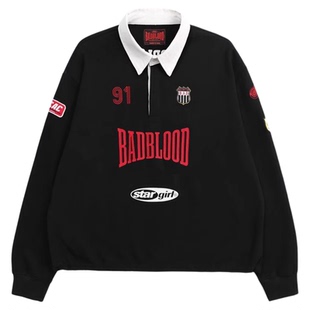 badblood美式橄榄球POLO领卫衣男女休闲宽松刺绣黑色长袖上衣外套