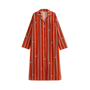 家乐芬睡裙女士睡衣春秋季纯棉长袖大码熊猫条纹裙子休闲长款衬衫