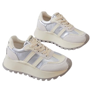 星期六厚底板鞋女春秋季新款白色系带增高时尚百搭圆头拼色休闲鞋