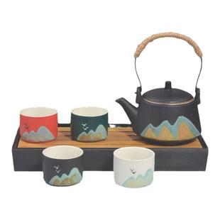 禅风黑陶茶具日式简约远山提梁茶壶干泡长茶盘家用小套装一壶四杯