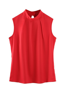 缎面新款立领无袖衬衫白黑红色女