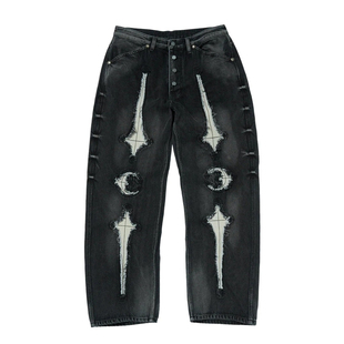 Thug Club 25fw 做旧水洗星月logo金属铆钉拼皮落色牛仔裤宽松韩