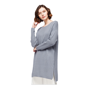 圣雪绒100%纯羊绒女圆领元宝针系带长款针织套衫连衣裙