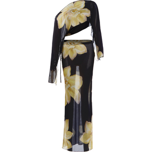 WEIRD PUSS 复古风虞美人花卉印花斜肩上衣女 修身半身裙辣妹套装