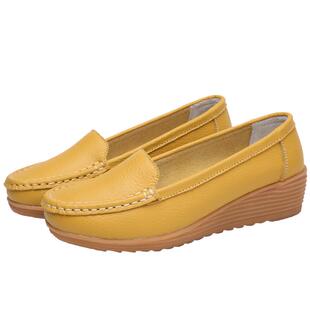 真皮软底豆豆鞋女春款2025新款坡跟厚底工作鞋平底单鞋中年妈妈鞋