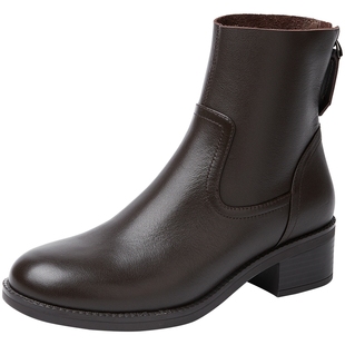 百田森2025冬季新款时装短靴女真皮加绒加厚保暖鞋子低跟软底短靴