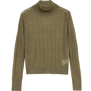 ONLY2025冬季新款挺拔正肩剪裁法式浪漫宽松高领镂空微透针织衫女