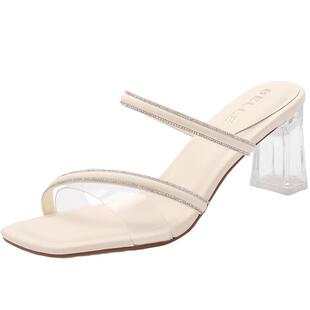 百丽凉拖一字拖女新款女鞋子粗高跟鞋夏季外穿拖鞋B6B1DBT4