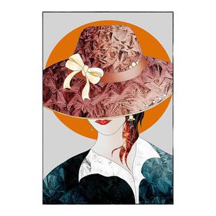 橙色人物戴帽子的女孩背影装饰画现代简约客厅沙发背景墙挂画玄关