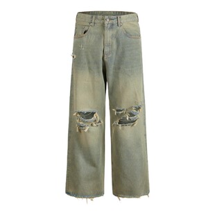 Remedy国潮破洞宽松直筒阔腿休闲长裤夏季美式街头潮牌牛仔裤男女