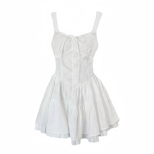 白色初恋蝴蝶结吊带连衣裙女夏2025新款纯欲芭蕾风收腰短裙两件套