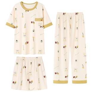 浪莎三件套睡衣女夏天纯棉短袖短裤可爱长裤大码可外穿薄款家居服