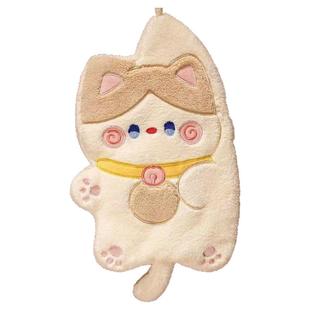 招财猫擦手巾挂式可爱卡通强吸水擦手帕吸水速干加厚珊瑚绒小方巾