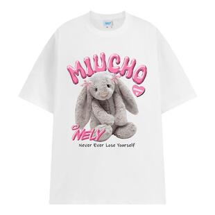 NELY小尼力小众设计感兔子短袖T恤男女国潮宽松半袖夏季情侣上衣