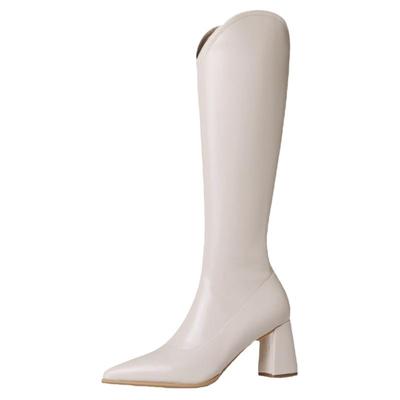 粗腿长筒靴女骑士靴高筒尖头v口