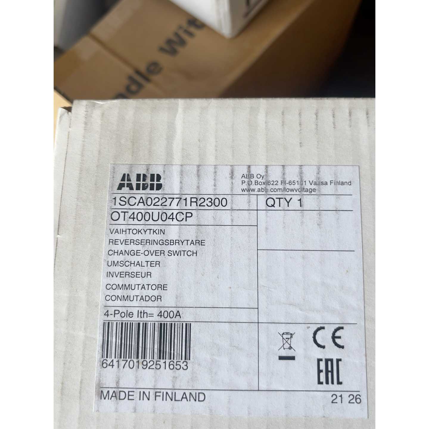 芬兰隔离开关OT400U04CP,4P 400A,-询价