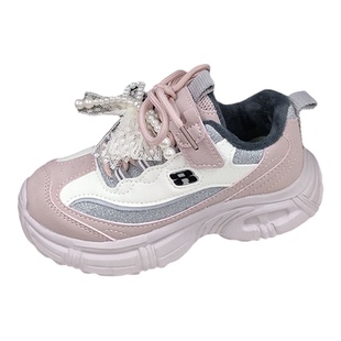 女童加绒运动鞋2025冬新款魔术贴珍珠蝴蝶结轻便学生休闲跑步鞋