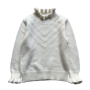 女童毛衣冬季打底衫洋气木耳边半高领女孩宝宝纯羊绒白色针织毛衣