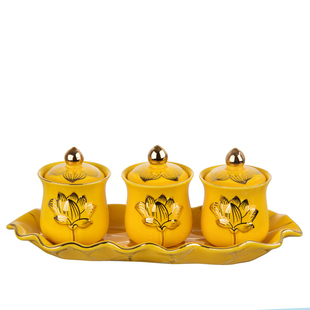 佛具莲花供佛杯大悲水佛堂陶瓷圣水杯佛前净水杯佛法僧三套杯