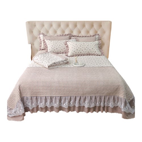 2025新款韩版双层纱蕾丝边夹棉绗缝床盖款四件套单件床裙三件套新