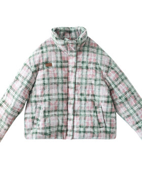 粉色格子羽绒服浪漫减龄文艺立领