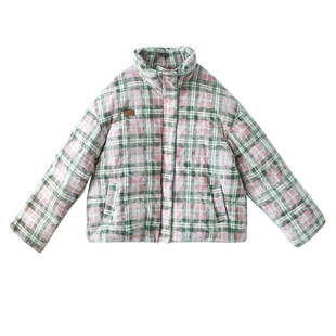 【绘雾桃】文艺粉色格子羽绒服女2025冬季新款浪漫立领保暖白鸭绒