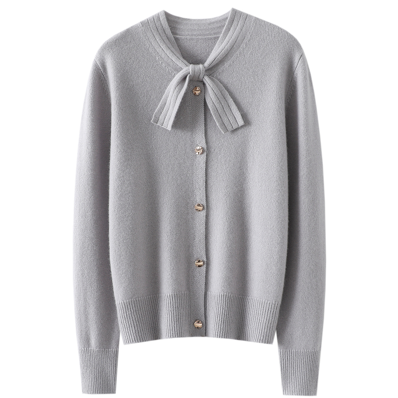 又富又独立~蝴蝶结加厚100%纯山羊绒开衫女纯羊绒毛衣针织衫外套