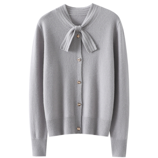 又富又独立~蝴蝶结加厚100%纯山羊绒开衫女纯羊绒毛衣针织衫外套