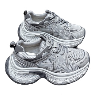 真皮网纱透气厚底老爹鞋女2026春款5cm增高软底系带休闲运动鞋女