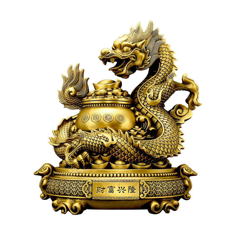 2纯黄铜聚宝盆龙生肖龙摆件盘龙纳财汉龙五爪龙吉祥财富兴隆家居