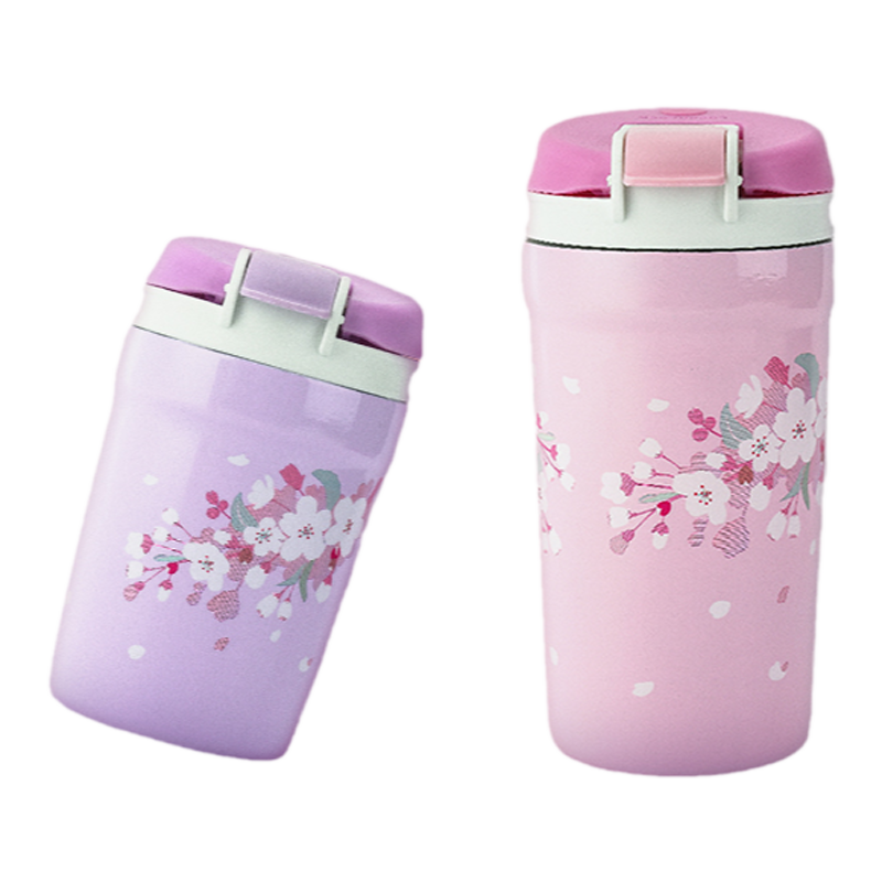 乐扣乐扣樱花水杯套装咖啡吸管杯316不锈钢塑料春季大容量学生女