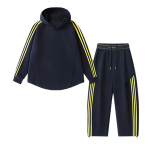 秋季潮牌撞色三条杠连帽卫衣长裤两件套男女同款美式休闲运动套装