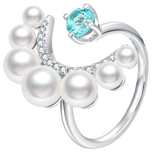 LynnHaven麟玟【新月女神】Akoya海水珍珠戒指18K金钻石开口戒女