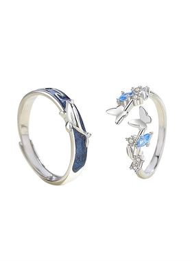 原创鲸鱼蝴蝶情侣戒指女纯银小众设计森系对戒ins风开口指环礼物