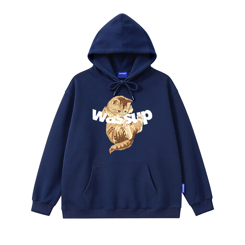 WASSUP潮牌可爱猫咪连帽卫衣男女