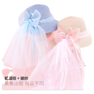 迪士尼儿童太阳帽夏季冰雪公主草帽渔夫帽女童蝴蝶结防晒遮阳编织