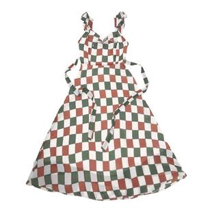 鲸鱼原创自制小飞袖吊带连衣裙夏撞色格子chic蝴蝶结v领超仙长裙