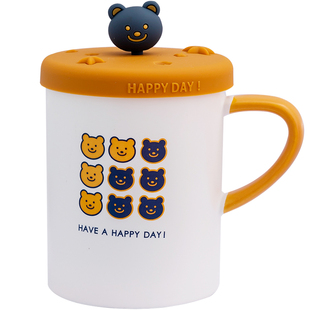 陶瓷杯马克杯儿童喝水男孩杯子家用男童茶杯带盖防摔口杯有盖水杯