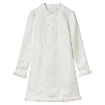 绒边中长裙国风立领连衣裙