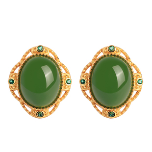 天然碧玉和田玉纯银花丝耳钉女轻奢金镶玉绿色玉石绿宝石耳饰耳环