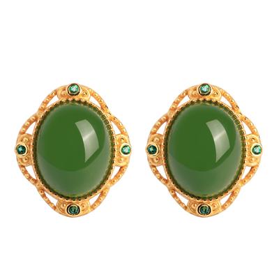 小银匠天然和田碧玉金镶玉银耳钉