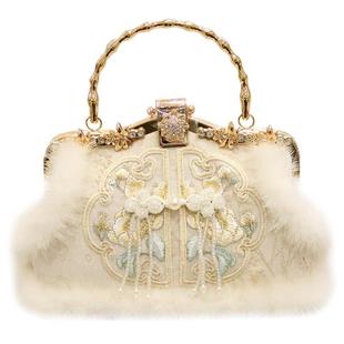 高级感新中式真貂毛中国风手提包包单肩斜挎2025冬新款洋气时尚