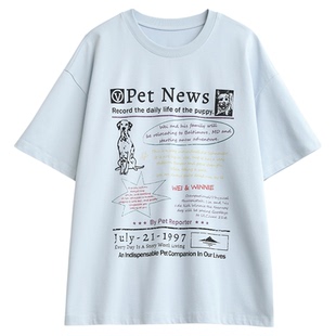 CV大码女装夏新款复古小狗报纸印花T恤UPF50+凉感短袖上衣女胖mm