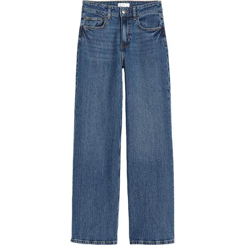 HM女装牛仔裤冬季直筒复古牛仔裤通勤风水洗直筒阔腿长裤1045459