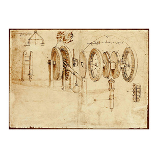 达芬奇手稿机械类素描簿复古旧客厅书房欧式无框油画布画芯装饰画