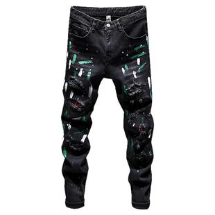 潮牌香港破洞黑色乞丐牛仔裤男2025春秋高端小脚韩版百搭泼墨喷漆