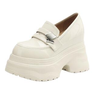 12cm米色内增高乐福鞋女真皮一脚蹬松糕单鞋春秋超高跟厚底小皮鞋